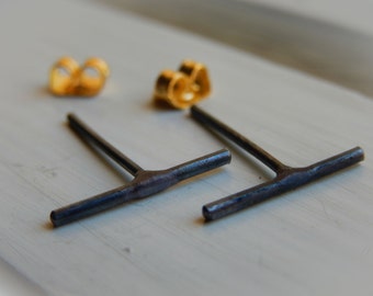 oxidized bar earrings, Black silver stud earrings - sterling post earrings