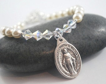 Catholic bracelet Choose your SAINT Crystal + cream pearl Saint Bracelet Confirmation gift Patron Saint Bracelet Catholic Religious