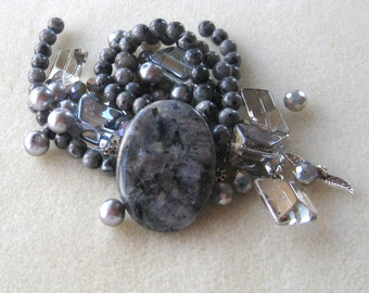 Larvikite Pendant and Beads, Gray Glass Pearls, Glass Rondelles, DIY Jewelry Kit, Necklace Kit, Jewelry Making, Gemstone Beads