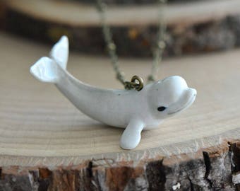 Hand Painted Porcelain Beluga Whale Necklace, Antique Bronze Chain, Vintage Style, Ceramic Animal Pendant & Chain (CA097)