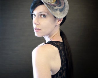 Sculptural Industrial Felt Fascinator with Ombre Grey/Purple/Yellow Accents - Orbital Series - Made to Order