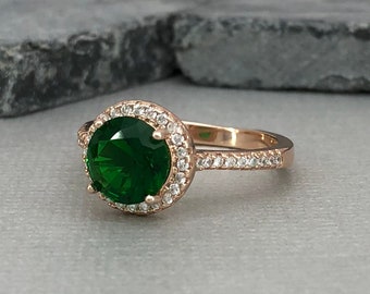 Round Emerald Rose Gold Halo Engagement Ring Sterling Silver Diamond Simulant Wedding Promise Band Ring Set