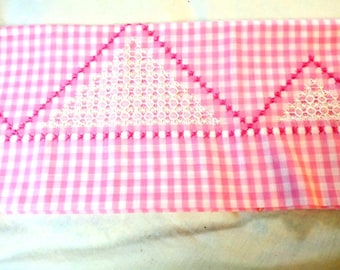 Pretty Pink & white gingham check Pillow case Standard w Embroidery