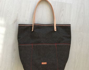 Denim tote bag with leather straps