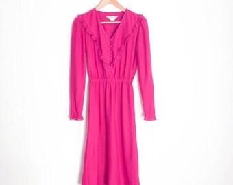 Vintage Dress - Fuchsia Dress - Long Sleeve Dress Women - Frilly Dress - JC Penney Dress - Magenta Dress - 80s Dress - 1980s Clothing - Pink