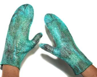 SALE Felted Mittens Multicolor Felt Arm Warmers OOAK Felt Gift Fashion Winter Accessory Wool Silk