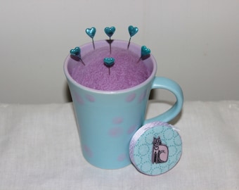 Aqua and Lavender Polka Dot Mug Wool Felt Pincushion and Matching Retractable Cat Tape Measure Set