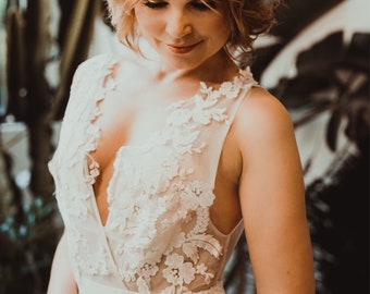 Deep v-neck lace floral wedding dress