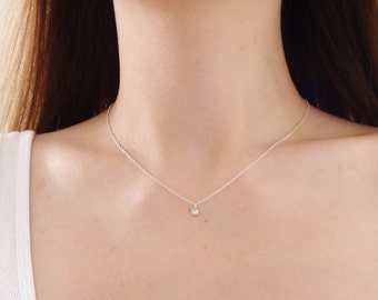 Sterling Silver Crystal Necklace, Choker Necklace, Bezel CZ Necklace, Dangle Necklace, Dainty Necklace, Simple Necklace, Layering Necklace