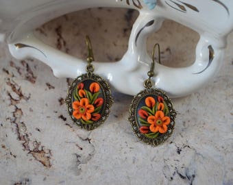 Summer earrings Gift idea Earrings handmade Orange and green Flower earrings Holiday Gift mom Boho jewelry Birthday jewelry Girls jewelry