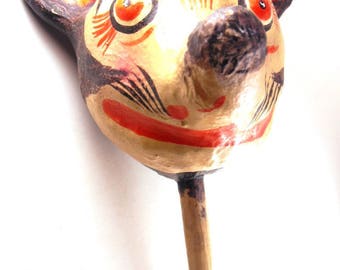 Music Maker Instrument Vintage Folk Art Maraca Paper Mache Mouse Head Shaker Percussive Percussion Mardi Gras New Orleans Momorabilia