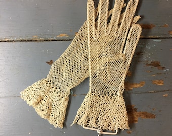 Romantic 1920's Hand Crocheted Lace Gloves with Wrist Ruffle
