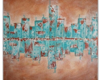 Acrylic Abstract Cityscape. Original Art. 30cm x 30cm. Ready to hang.