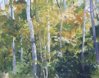 Original Oil Painting. Impressionist Late-Summer Foliage with green and gold.