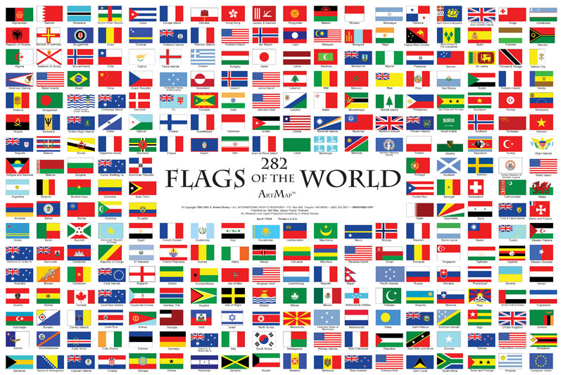 282 flags of the world wall map poster