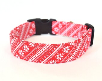 Winter Dog Collar, Festive Dog Collar, Christmas Pet Accessories, Red Snowflake, Nordic Print Dog Collar, Designer Dog Collar, Dog Accessory