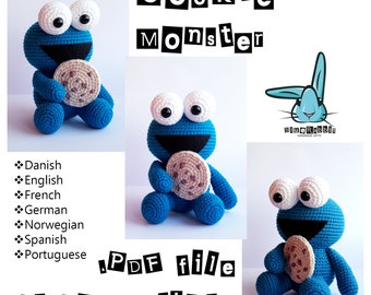 Cookie Monster - amigurumi crochet pattern. Languages: English, French, Norwegian, Danish, Spanish, Portuguese, German
