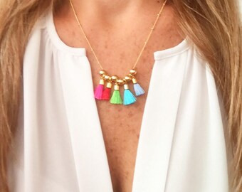 Mini Tassel Necklace / Statement Necklace / Life of the Party Necklace / Fiesta Necklace / Rainbow / Silk Tassel / FREE SHIPPING