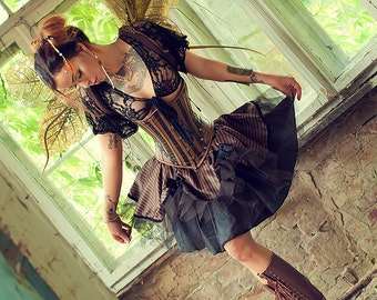 Steampunk Brown Striped Tutu Skirt with Tulle