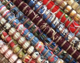 Hand Woven Rag Rug Blue Grey Scrap Basket Cotton 26" x 46"