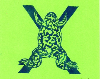 Xenopus X Monogram Linocut of the African Clawed Frog - Alphabet Typographic Lino Block Print - X is for Xenopus Frog