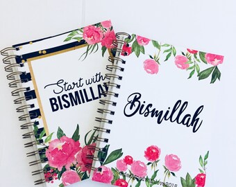 A5 Islamic Notebook - start with Bismillah - pink floral & stripes