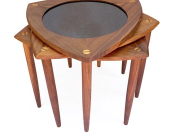 Vintage Set Mid-Century Modern Teak Occasional TABLES 3/three Triangle Guitar Pick Stacking/Nesting Rare Round Arthur Umanoff Danish Design