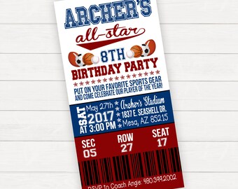 Sports Birthday Invitation, Sports Ticket Invitation, Sports Party, Sports Birthday Party, Ticket Birthday Invitation, All Sports Birthday