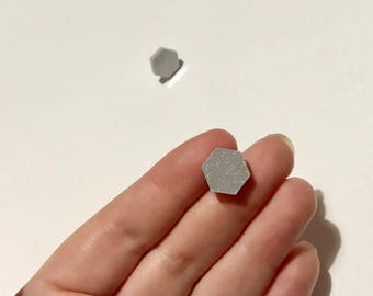 medium silver glitter hexagon stud earrings