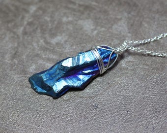 Raw Blue Quartz Crystal Necklace Silver Wire Wrapped Luxe Rustic Jewelry