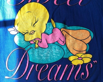 Vintage Warner Bros. 1996 Official Loony Tunes ‘Tweet Dreams’ oversized long-sleeved sleep sweater dark blue