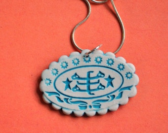 Baha'i Ringstone Symbol Necklace- porcelain, scalloped oval in turquoise blue and white- "Bahji Blue"