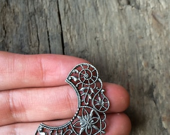 Filigree Jewelry Components, 43x20mm Oval Shape Flat Lace Component, Metal Filigree Flower Motif Component, Jewelry Making, Old Silver Tone