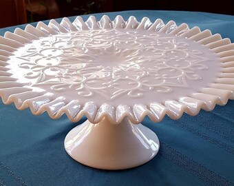 Fenton Glass White Cake Stand Spanish Lace Pattern