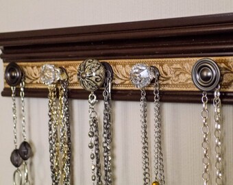 READY TO SHIP Brown wall jewelry holder w/ embossed background closet organization 5 knobs on jewelry storage necklace organizer. gift