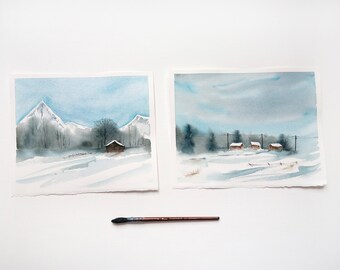 Watercolor diptych Winter landscape Snow painting Christmas gift Blue watercolor painting Snow watercolor Winter snow painting