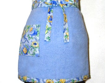 Terry Cloth Half Apron Blue with Floral Trim Reversible