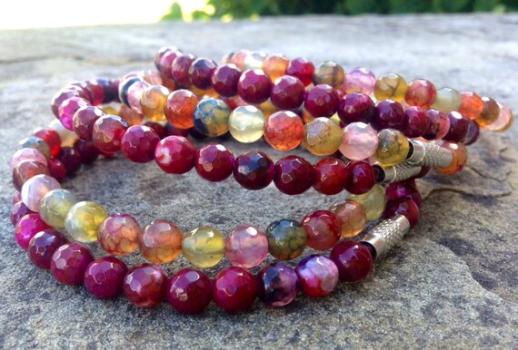 Multicolor Dragon Vein & Red Faceted Agate Stack Bangles