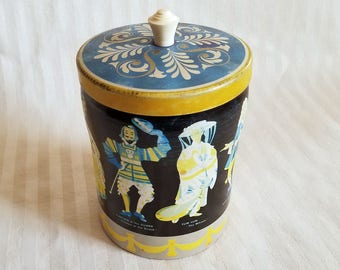 Vintage Opera Characters Tin, Lidded Canister With Plastic Knob Handle.