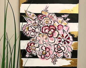Abstract Floral with Metallic Gold Original Acrylic wrapped Canvas painting 18x24