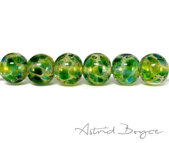 Greenery Sparkle Round Beads Artisan Lampwork Beads Set of Six -Free USA Shipping-Pantone Greenery-Pantone 2017 Color of the Year