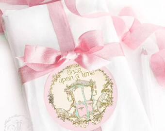 Once upon a time fairy tale princess carriage sticker in pink and gold, a set of 4