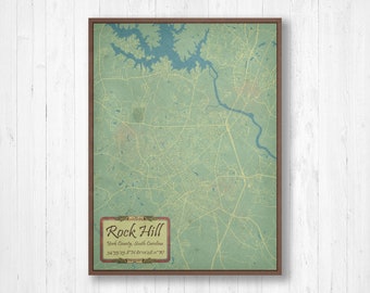 Rock Hill, South Carolina, Rock Hill Map, Old Map, Vintage Map, Map of Rock Hill, Map Legend, Rock Hill City Map, Street Art, Map Print