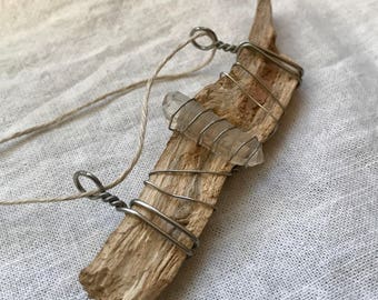 Quartz Point and Driftwood Wire Wrapped Pendant