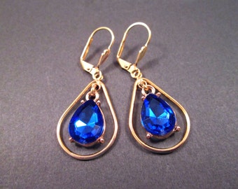 Rhinestone Drop Earrings, Sapphire Blue Resin Stones, Gold Dangle Earrings, FREE Shipping U.S.