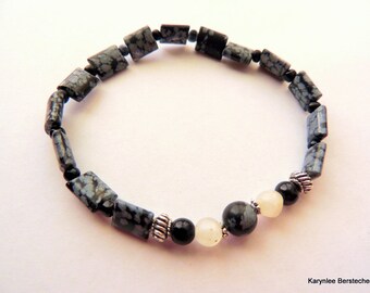 Snowflake Obsidian and Black Onyx Men's Bracelet, Black and White