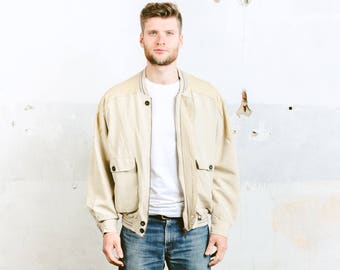 Mens Linen Bomber Jacket . Vintage 80s Beige Coat Neutral FlaxOuterwear Flight Aviator Jacket Oversized Jacket . size Large