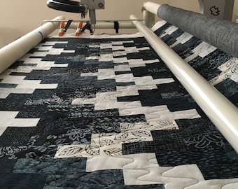 Batik Quilt // Patchwork Quilt // Bargello Quilt // Handmade Quilt // Art Quilt // Blue Black White Quilt // Geometric Quilt // Throw Quilt