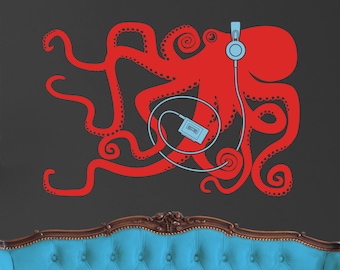 vinyl wall decal art- octopus with headphones, walkman, tentacles sticker art, FREE SHIPPING