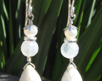 Dendritic Opal Earrings, Moonstone Gemstone Earrings, Wire-wrapped Gemstone Earrings, Dendritic Opal Gemstone Earrings, Rainbow Moonstone